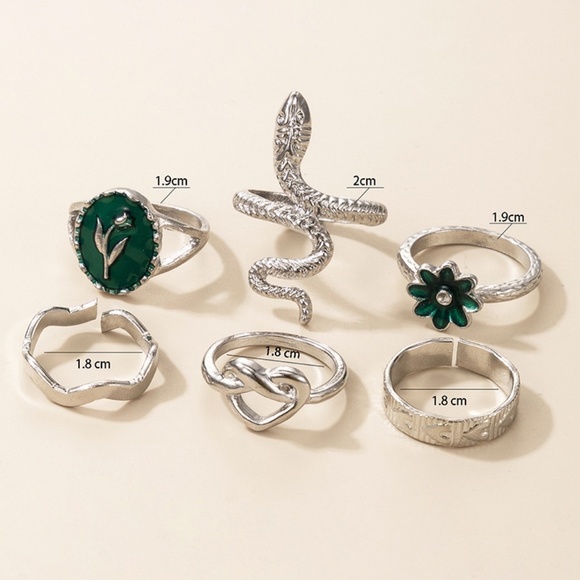 **CARYS* 6-Pc Silver x Green Snake Fashion Ring Set - Picture 6 of 6